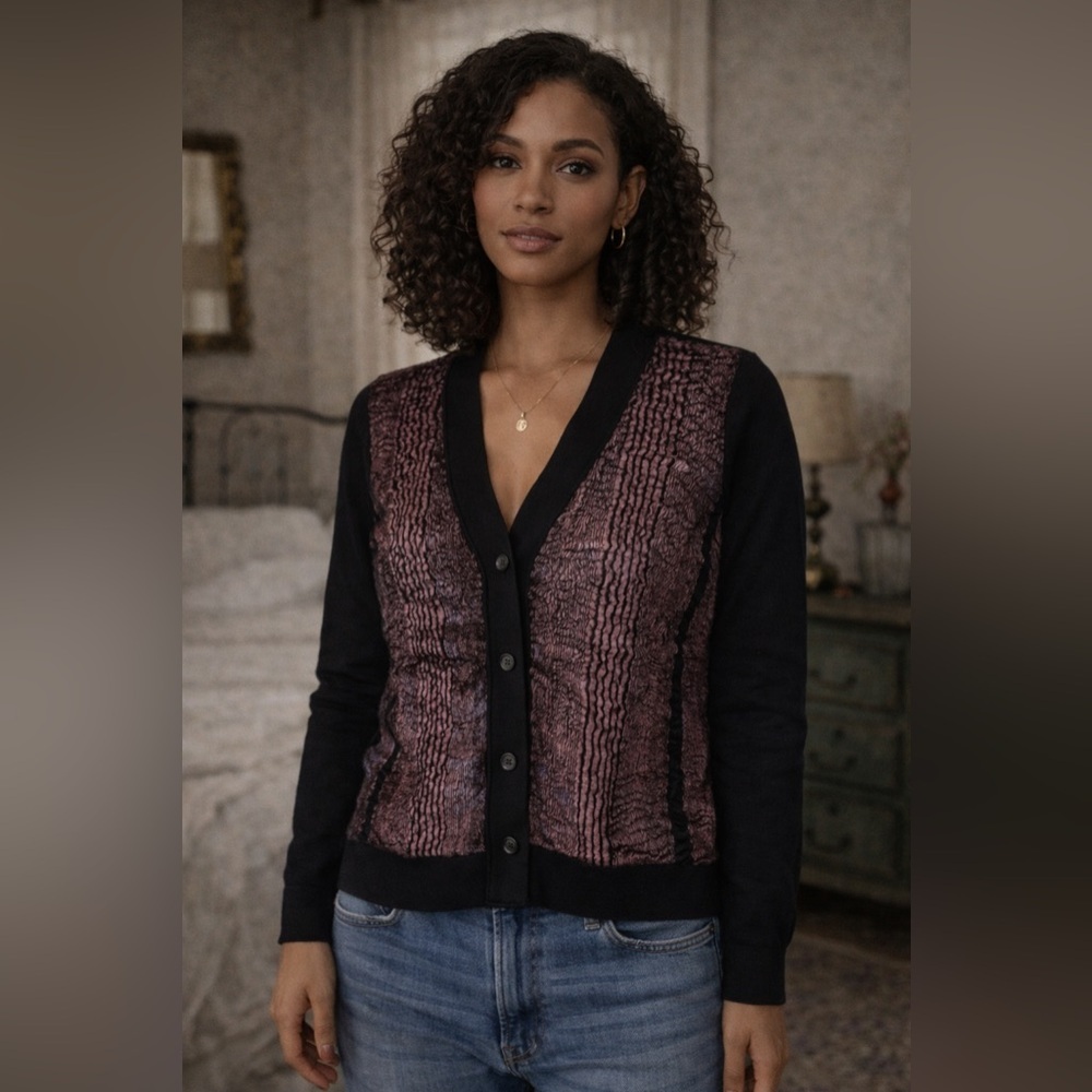 Pink Tartan black cardigan with brown velvet, size XS